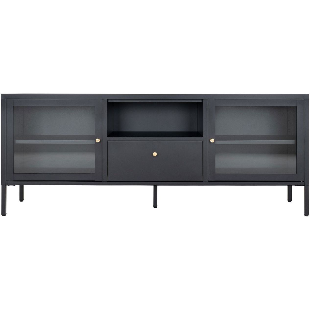 TV-taso House Nordic Dalby, 150x35x60cm, 2 lasiovea + 1 laatikko, musta teräs