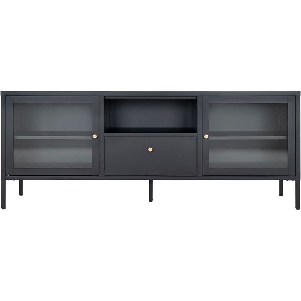TV-taso House Nordic Dalby, 150x35x60cm, 2 lasiovea + 1 laatikko, musta teräs