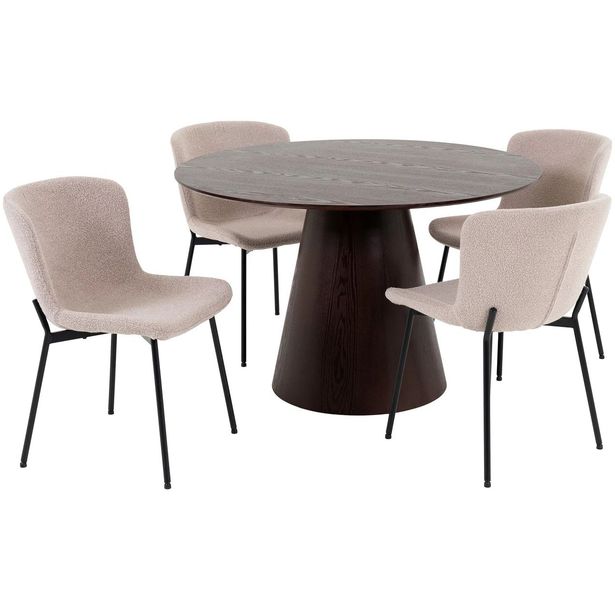 Ruokailuryhmä House Nordic, ø120cm tummanruskea Bolton-pöytä + 4 beigeä Maceda-tuolia