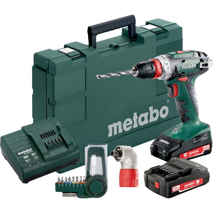 Akkuporakone Metabo BS 18 Quick 2x2.0Ah akulla laturilla kulma- ja kärkisatsilla