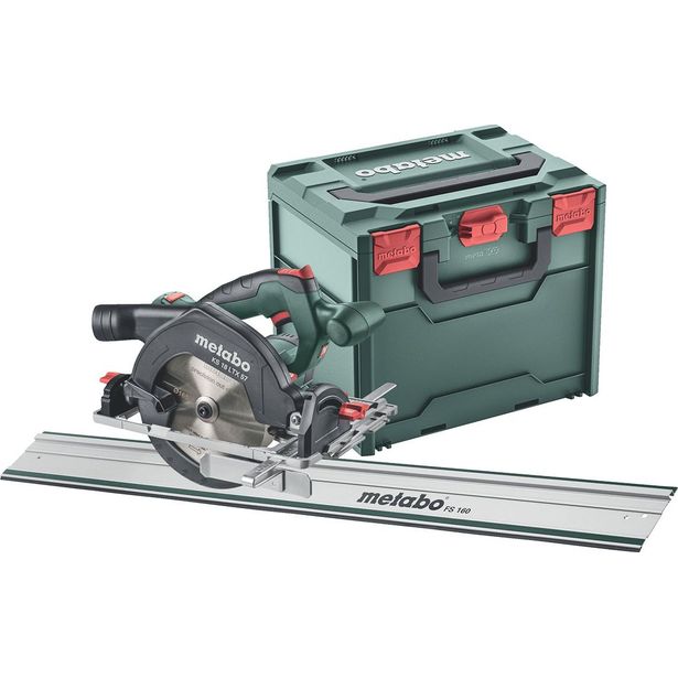 Akkupyörösahasetti Metabo KS 18 LTX 57 FS 18V sisältää FS 160 -ohjauskiskon ilman akkua ja laturia
