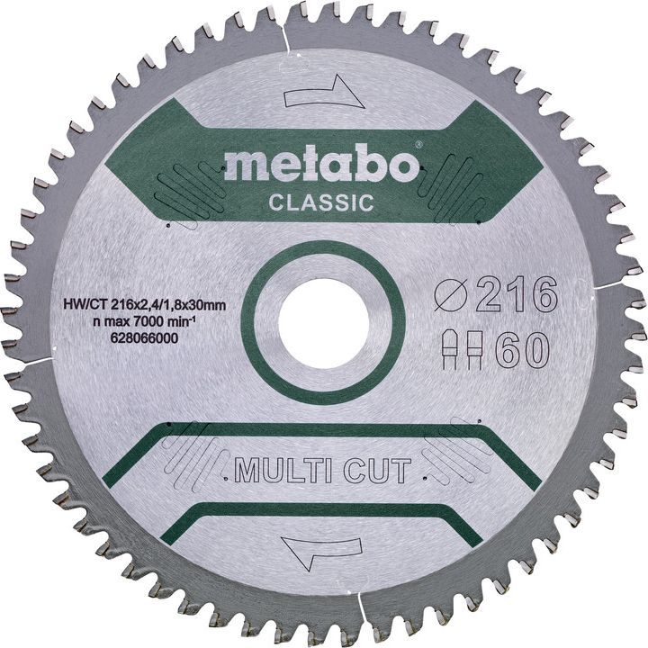 Pyörösahanterä Metabo Multi Cut-Classic Ø216x30 Z60 FZ/TZ 5° neg