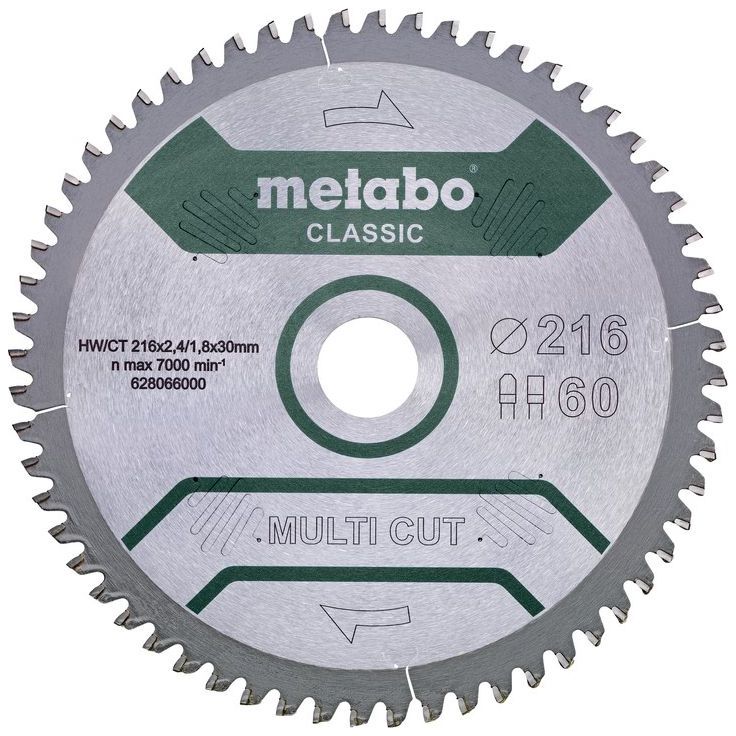 Pyörösahanterä Metabo Multi Cut-Classic Ø216x30 Z60 FZ/TZ 5° neg