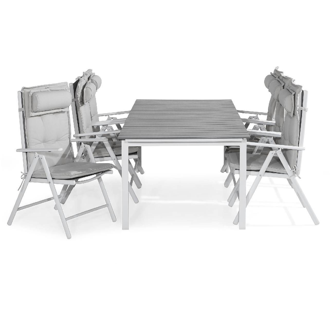 Ruokailuryhmä Tunis, 6 Maggie tuolia + valkoiset pehmusteet tyynyllä, harmaa