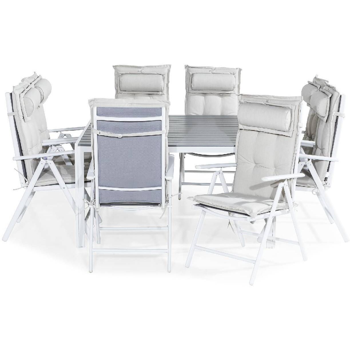 Ruokailuryhmä Tunis, 8 Maggie tuolia + valkoiset pehmusteet tyynyllä, harmaa