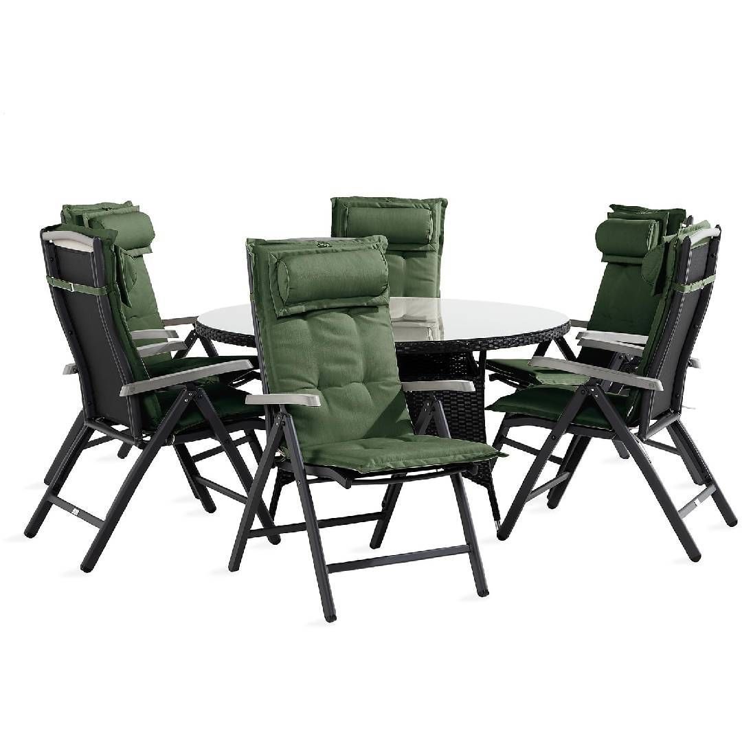 Ruokailuryhmä Thor, 6 Monaco säätötuolia + vihreät pehmusteet, musta