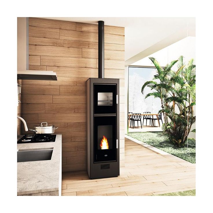 Pellettitakka Eva Calòr Biscotto 8.5kW, uunilla, harmaa