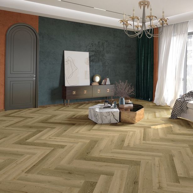 Kivikomposiittikalanruotovinyylilankku DomusFlooring Loihi luonnontammi, integroitu askeläänieriste