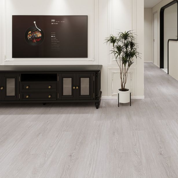 Kivikomposiittivinyylilankku DomusFlooring Tuulikin tuhkatammi, integroitu askeläänieriste