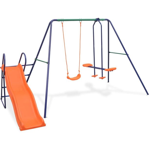 Keinuteline liukumäellä ja 3 istuimella oranssi