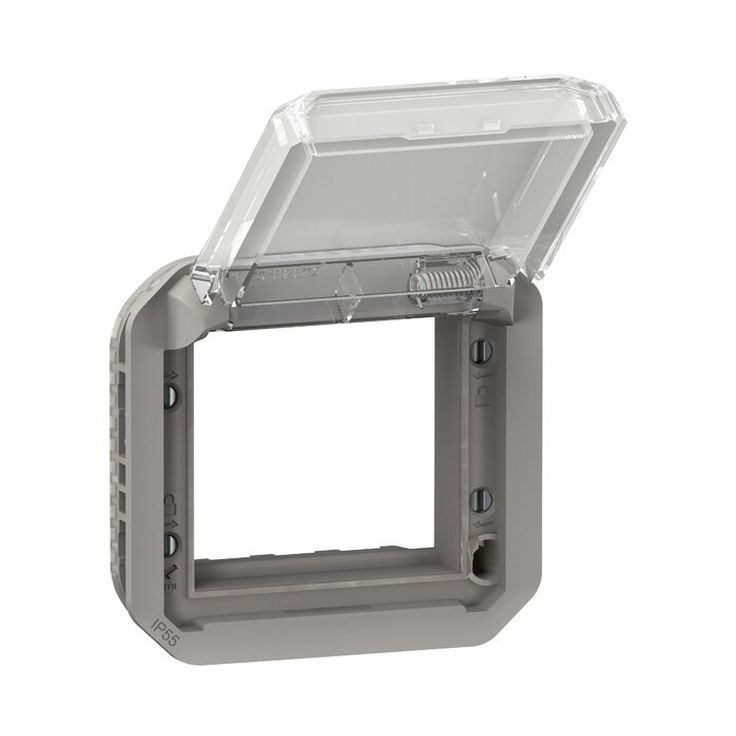 Adapteri Legrand Plexo Mosaic- ja Arteor-tuotteille IP55 uppo läpinäkyvällä läpällä, harmaa