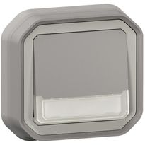 Hakuvalollinen vaihtopainike Legrand Plexo 10 A IP55 uppo kiinnityskynsillä, 12 V hakuvalo ja merkintäkenttä, harmaa