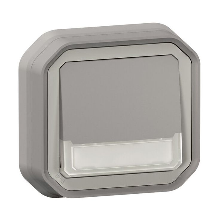 Hakuvalollinen vaihtopainike Legrand Plexo 10 A IP55 uppo kiinnityskynsillä, 12 V hakuvalo ja merkintäkenttä, harmaa