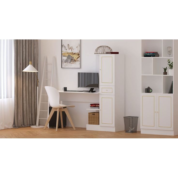 Työpöytä ja kirjahylly Linento Furniture Rb-087, mattavalkoinen