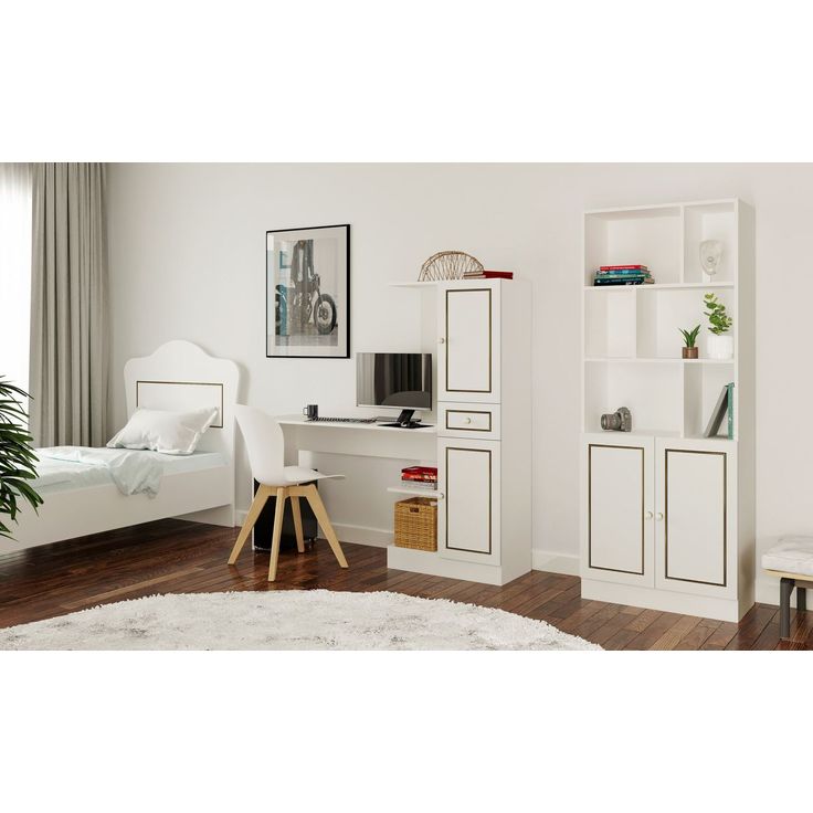 Työpöytä ja kirjahylly Linento Furniture Rb-098, mattavalkoinen