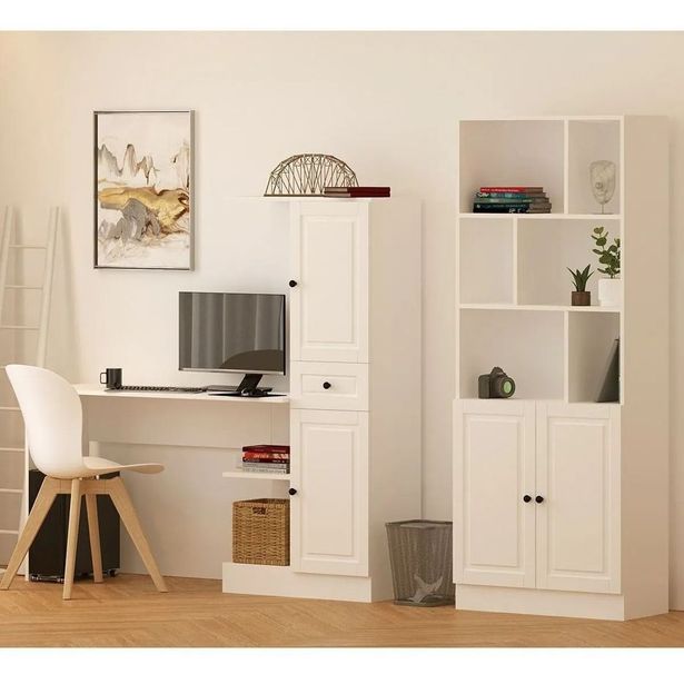 Työpöytä ja kirjahylly Linento Furniture Rb1000401557, mattavalkoinen