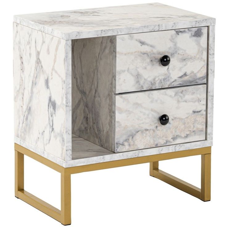 Yöpöytä Linento Furniture Glimmer vaaleanharmaa marmori/kulta