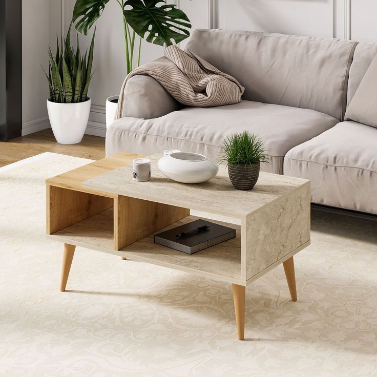Sohvapöytä Linento Furniture Austin, 90x50cm, ruskea/beige travertiinikuosi