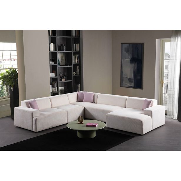 Kulmasohva Linento Furniture Melva, 5-istuttava, rahilla, valkoinen