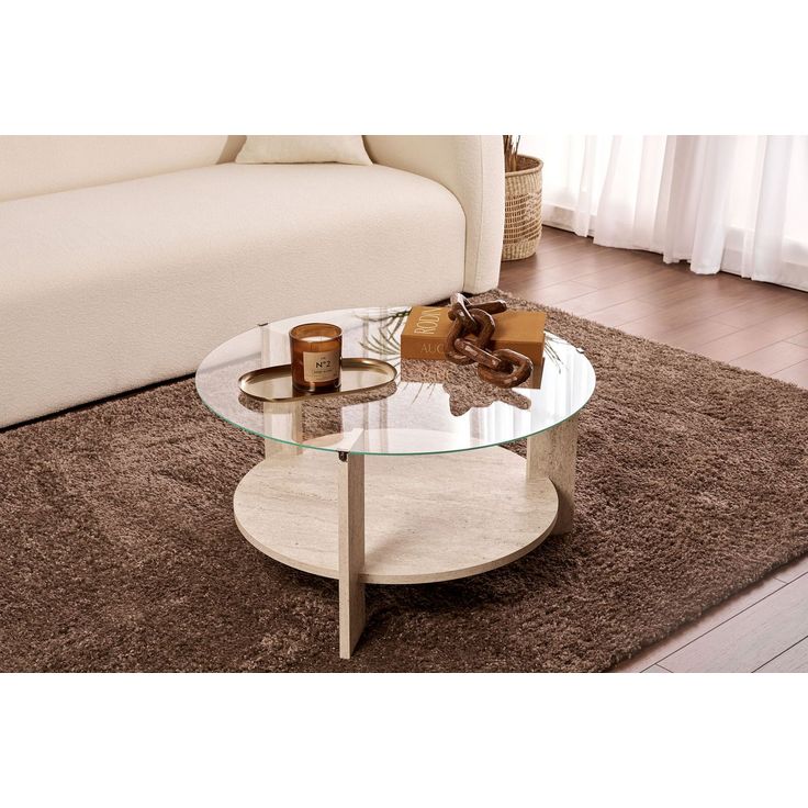 Sohvapöytä Linento Furniture Clara, beige travertiinikuosi/kirkas lasi