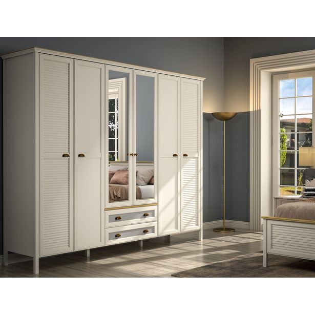 Vaatekaappi Linento Furniture FRN-21007, 272.5x215.9cm, kerma/ruskea/harmaa