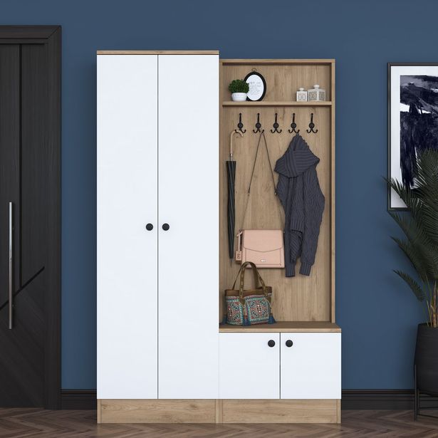 Säilytyskokonaisuus eteiseen Linento Furniture P6-M11-2389, leveys 119.6cm, valkoinen/ruskea