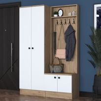 Säilytyskokonaisuus eteiseen Linento Furniture P6-M3-2490, leveys 119.6cm, valkoinen/ruskea, Verkkokaupan poistotuote