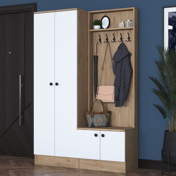 Säilytyskokonaisuus eteiseen Linento Furniture P6-M3-2490, leveys 119.6cm, valkoinen/ruskea