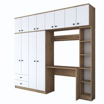 Vaatekaappi + työpöytä Linento Furniture BA122-2697, leveys 240cm, valkoinen/ruskea