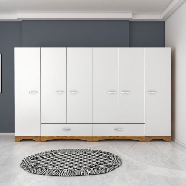 Vaatekaappi Linento Furniture F4-498, leveys 243cm, valkoinen/ruskea