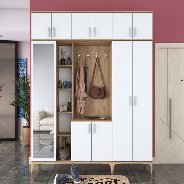 Säilytyskokonaisuus eteiseen Linento Furniture EA121-2765, leveys 180cm, valkoinen/ruskea