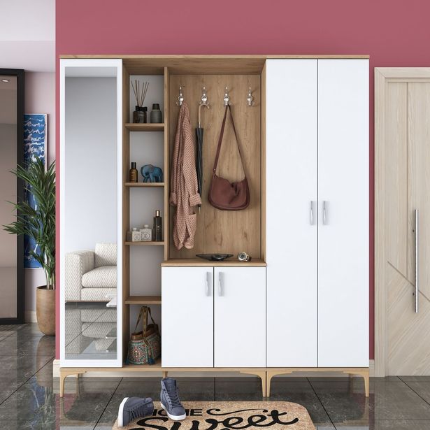 Säilytyskokonaisuus eteiseen Linento Furniture EA129-2797, leveys 180cm, valkoinen/ruskea