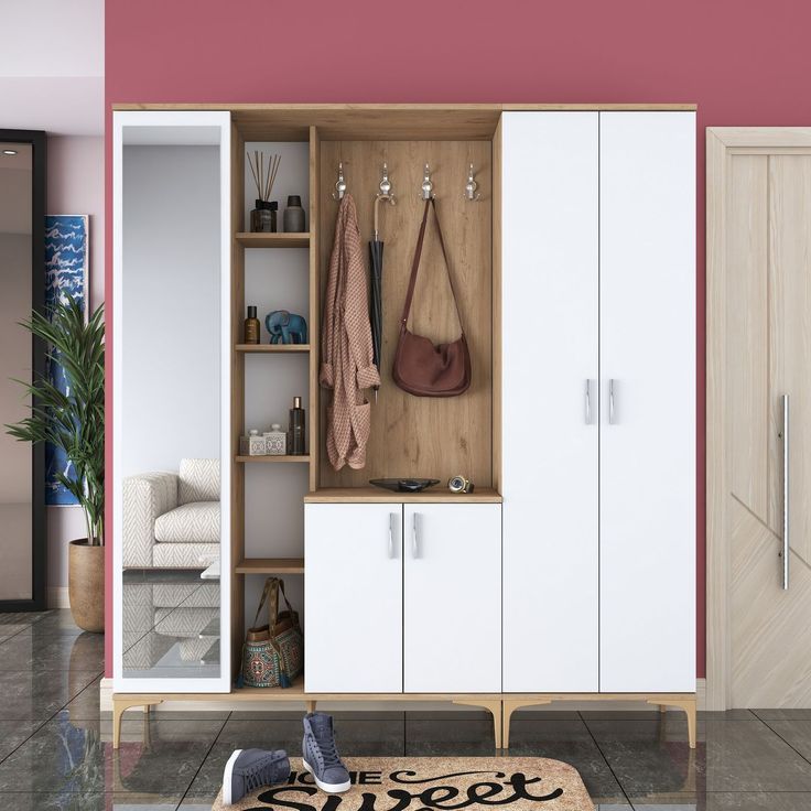 Säilytyskokonaisuus eteiseen Linento Furniture EA129-2797, leveys 180cm, valkoinen/ruskea