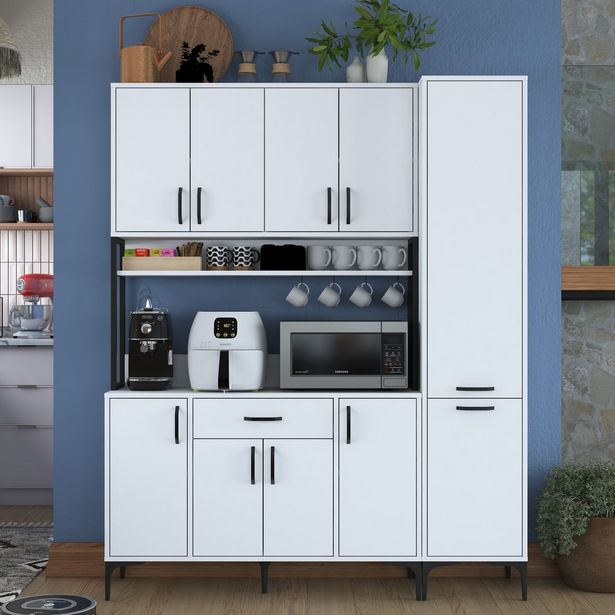 Säilytyskokonaisuus keittiöön Linento Furniture JE134-3055, leveys 160cm, korkeus 198.6cm, valkoinen