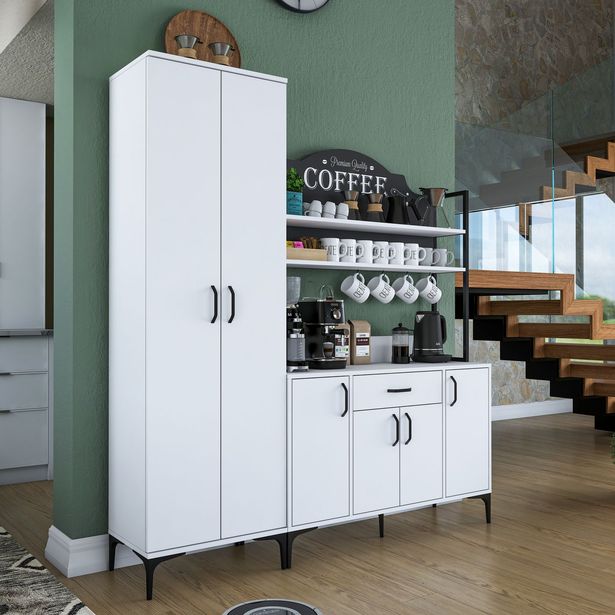 Aamiaiskaappi / keittiön säilytyskokonaisuus Linento Furniture JE148-3080, leveys 280cm, korkeus 198.6cm, valkoinen