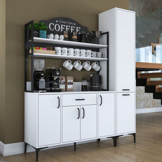 Aamiaiskaappi / keittiön säilytyskokonaisuus Linento Furniture JE149-3081, leveys 160cm, korkeus 198.6cm, valkoinen