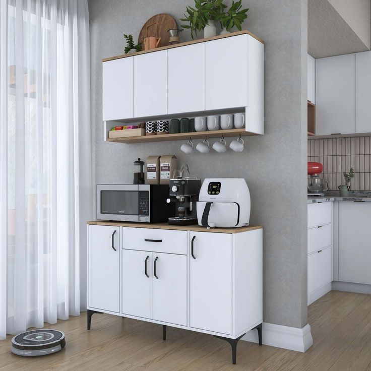 Aamiaiskaappi/kahvipiste Linento Furniture JE203, valkoinen/pähkinänruskea