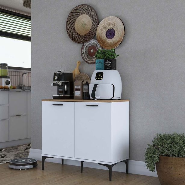 Aamiaiskaappi/kahvipiste Linento Furniture JE190, valkoinen/pähkinänruskea