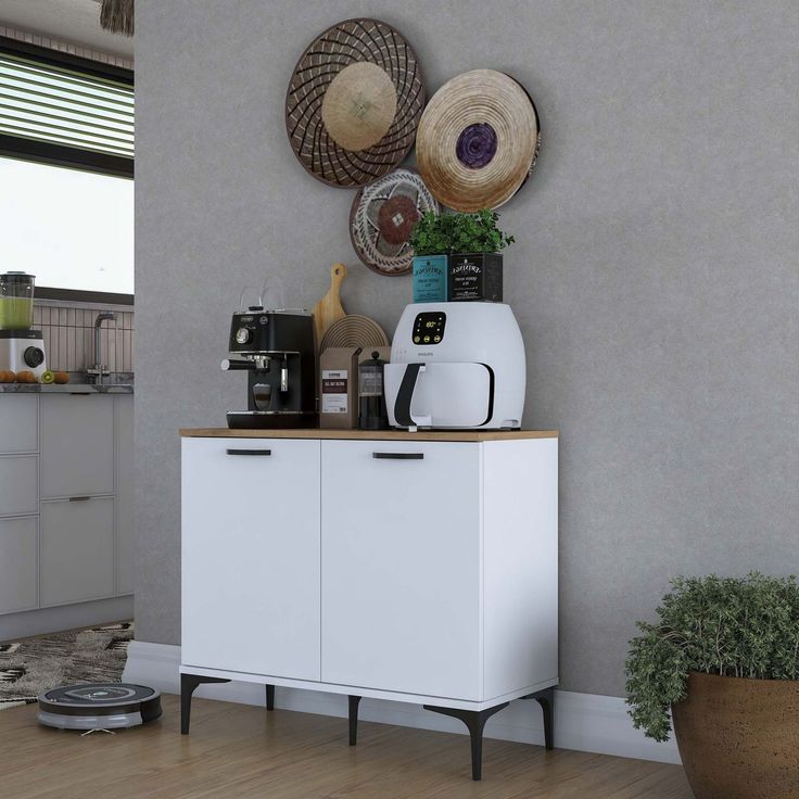 Aamiaiskaappi/kahvipiste Linento Furniture JE190, valkoinen/pähkinänruskea