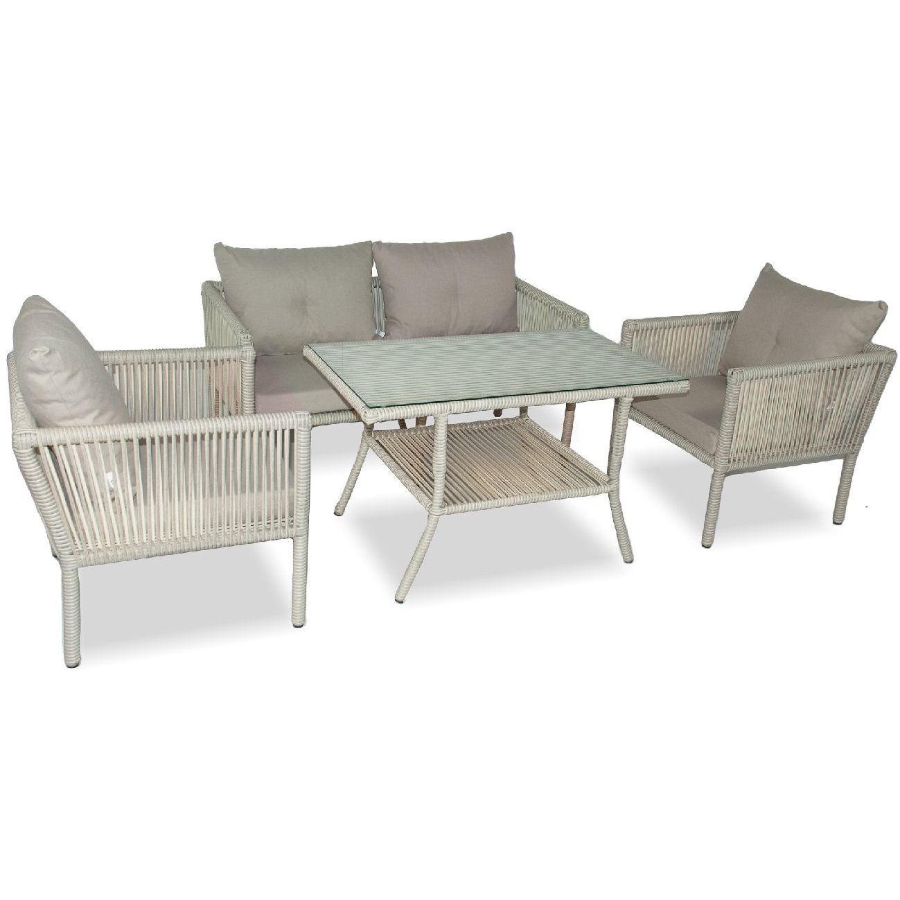 Ruokailuryhmä Linento Garden Shangai 62, 2-istuttava sohva, 2 tuolia + pöytä, kerma