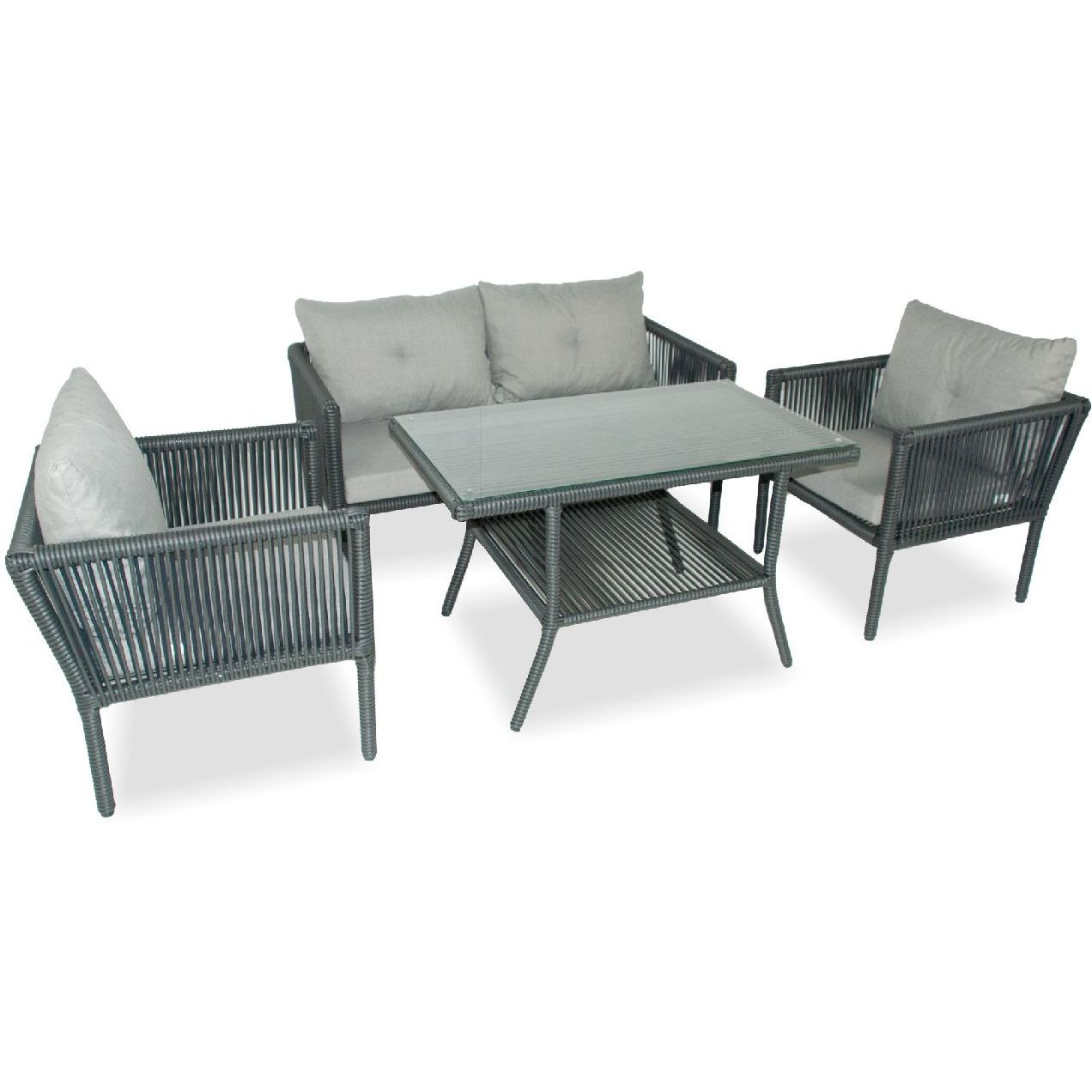 Ruokailuryhmä Linento Garden Shangai 62, 2-istuttava sohva, 2 tuolia + pöytä, harmaa
