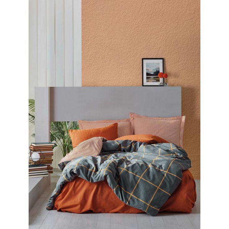 Parivuoteen pussilakanasetti Linento Stark, 260x220cm + 50x80cm, oranssi/tummansininen