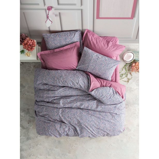 Parivuoteen pussilakanasetti Linento Penny, 260x220cm + 50x80cm, himmeä roosa/violetti