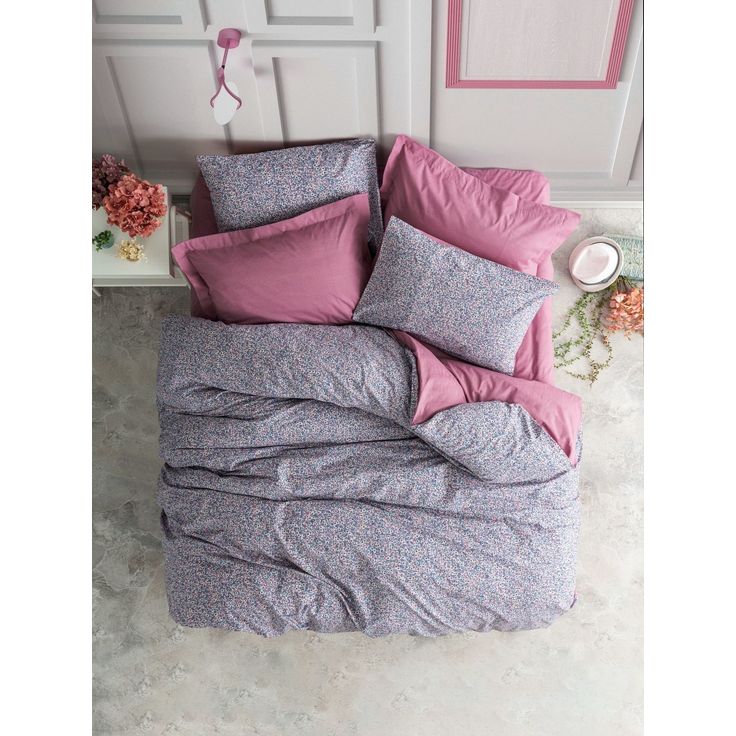 Parivuoteen pussilakanasetti Linento Penny, 260x220cm + 50x80cm, himmeä roosa/violetti