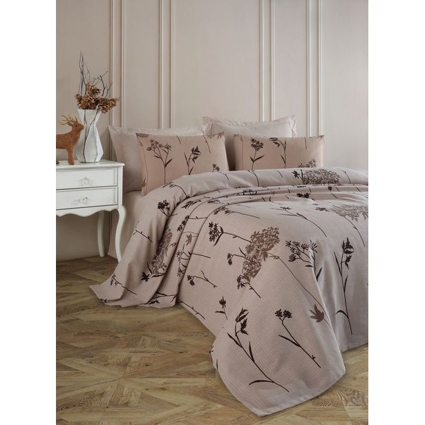 Parivuoteen päiväpeitto + 2 tyynyliinaa Linento Efil, 200x230cm + 50x70cm, ruskea