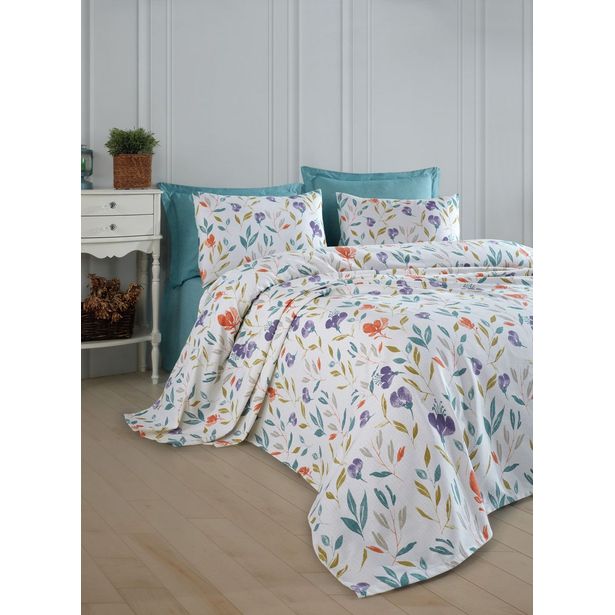 Parivuoteen päiväpeitto + 2 tyynyliinaa Linento Floral, 200x230cm + 50x70cm, liila