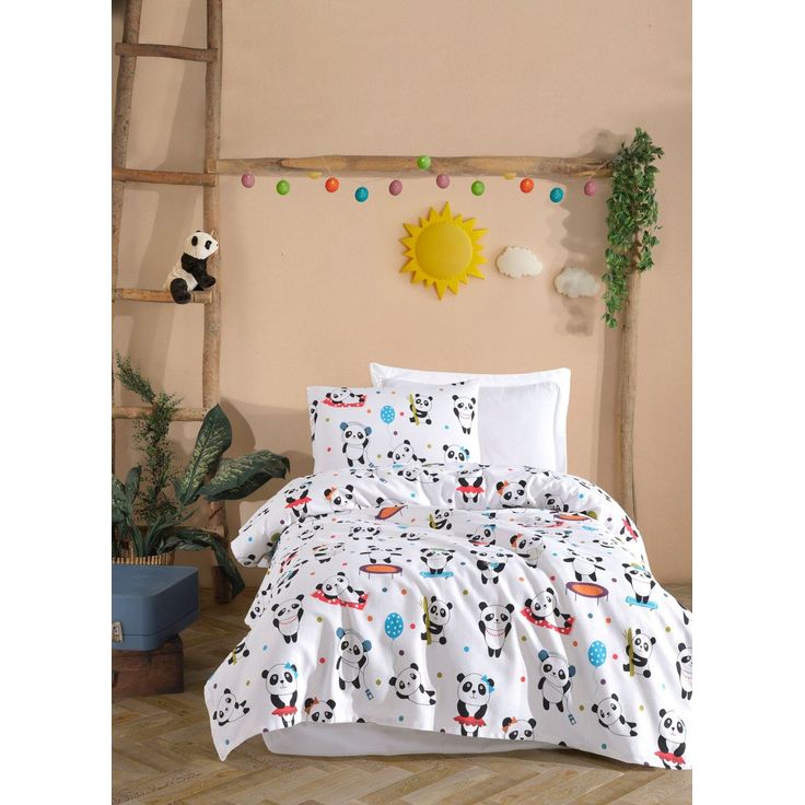 Päiväpeitto + tyynyliina Linento LovePandas, 160x230cm + 50x70cm, puuvilla, valkoinen