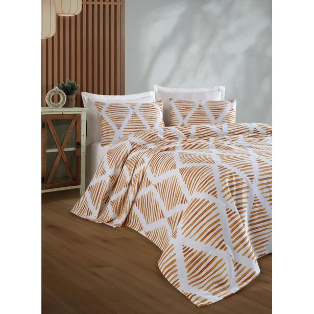Parivuoteen päiväpeitto + 2 tyynyliinaa Linento Segment, 200x230cm + 50x70cm, sinapinkeltainen