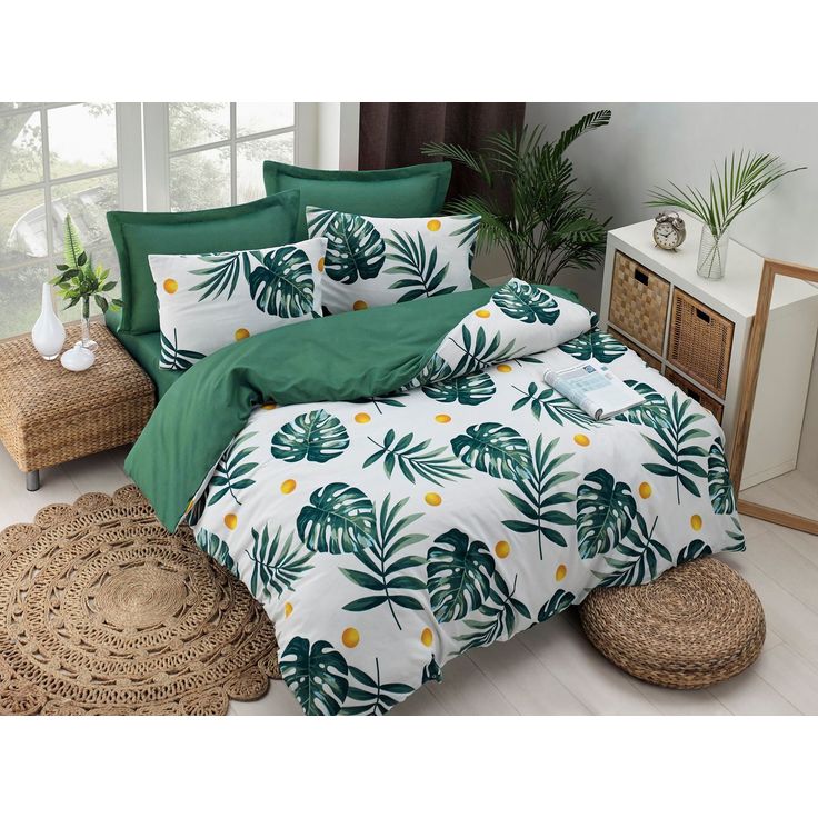 Parivuoteen vuodevaatesetti Linento Monstera, vihreä