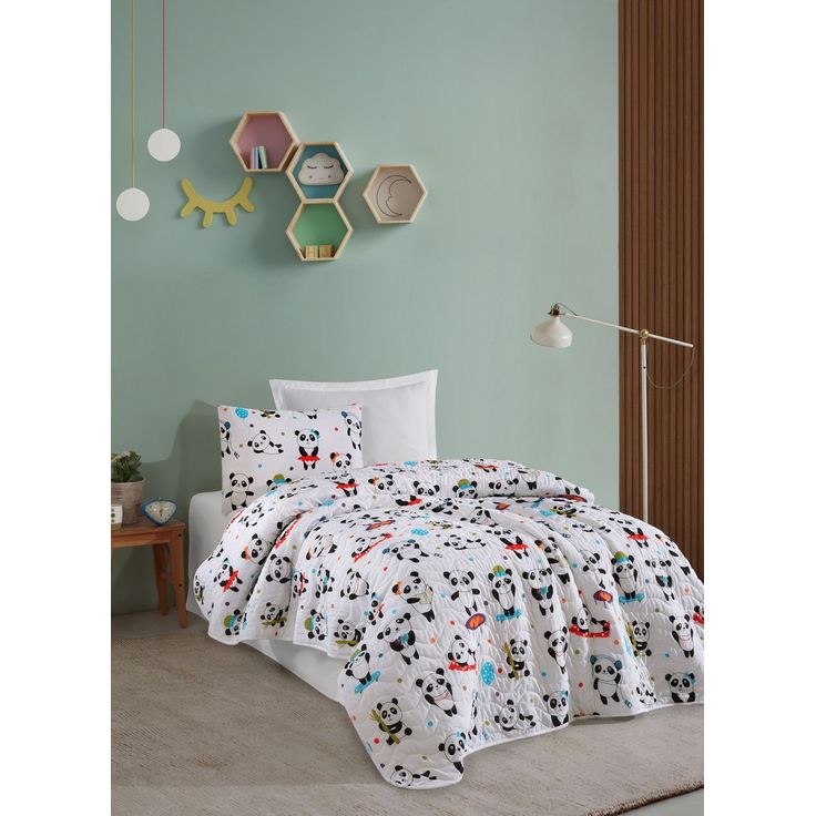 Päiväpeitto + tyynyliina Linento LovePandas, 160x220cm + 50x70cm, puuvillasekoite, valkoinen